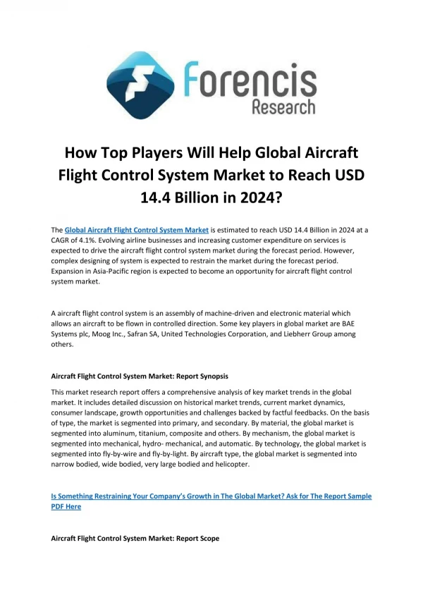 Aircraft Flight Control System Market Expected to Witness a Sustainable Growth over 2024