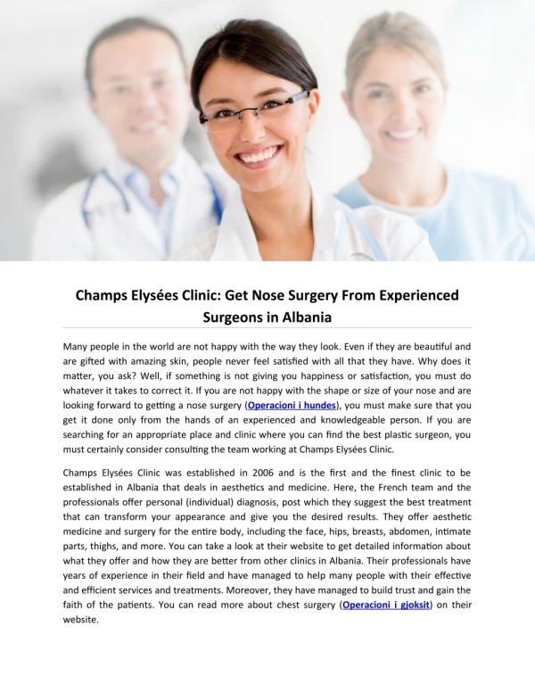 Champs Elysées Clinic: Get Nose Surgery From Experienced Surgeons in Albania