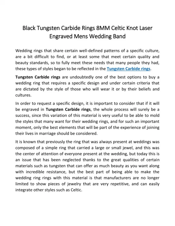 Black Tungsten Carbide Rings 8MM Celtic Knot Laser Engraved Mens Wedding Band