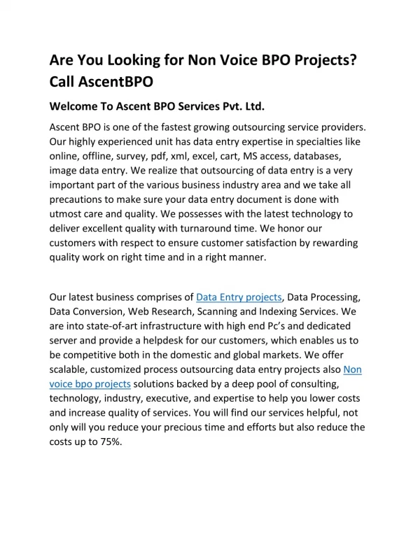Are You Looking Non Voice BPO Projects - Call AscentBPO