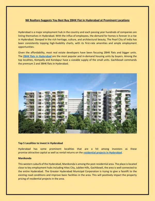 NK Realtors Suggests You Best Buy 2BHK Flat in Hyderabad at Prominent Locations