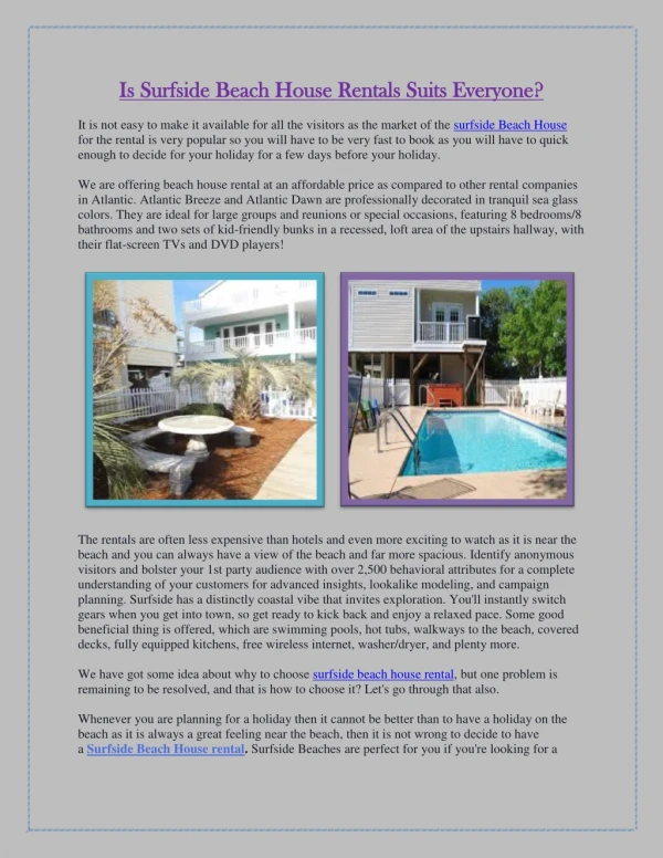 Is Surfside Beach House Rentals Suits Everyone?