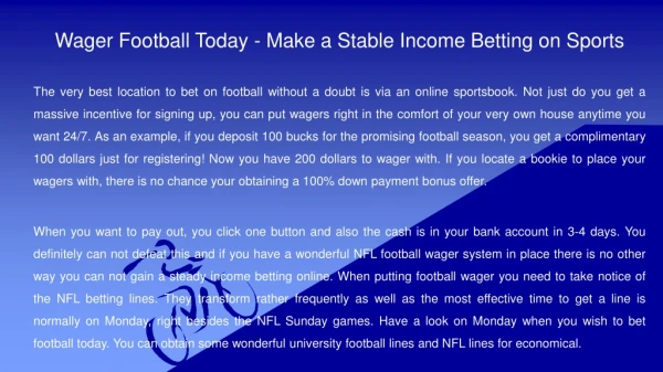 Wager Football Today - Make a Stable Income Betting on Sports