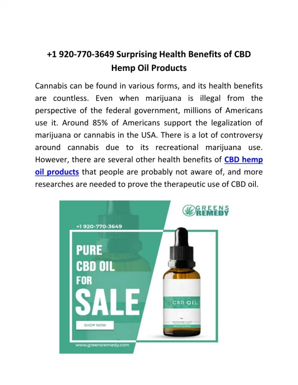 1 920-770-3649 Surprising Health Benefits of CBD Hemp Oil Products