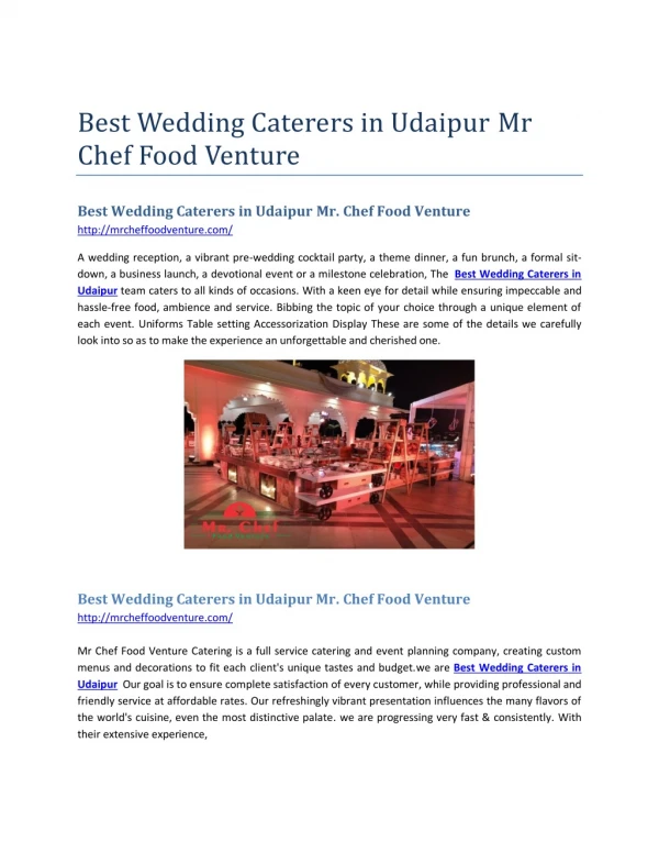 Best Wedding Caterers in Udaipur Mr. Chef Food Venture