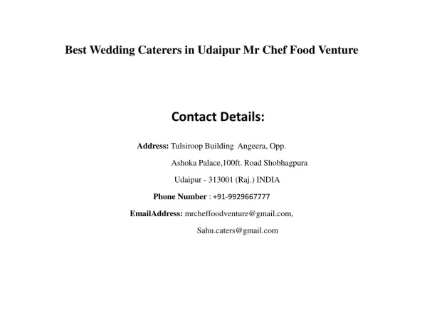 Best Wedding Caterers in Udaipur Mr. Chef Food Venture