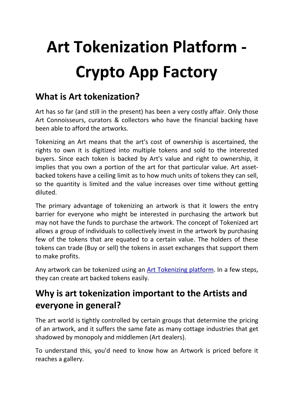 art tokenization platform crypto app factory