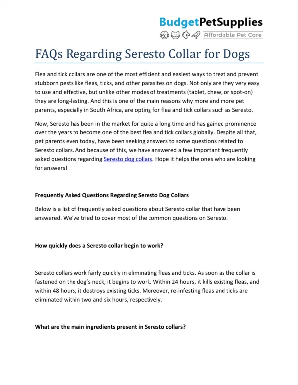 FAQs Regarding Seresto Collar for Dogs - BudgetPetSupplies