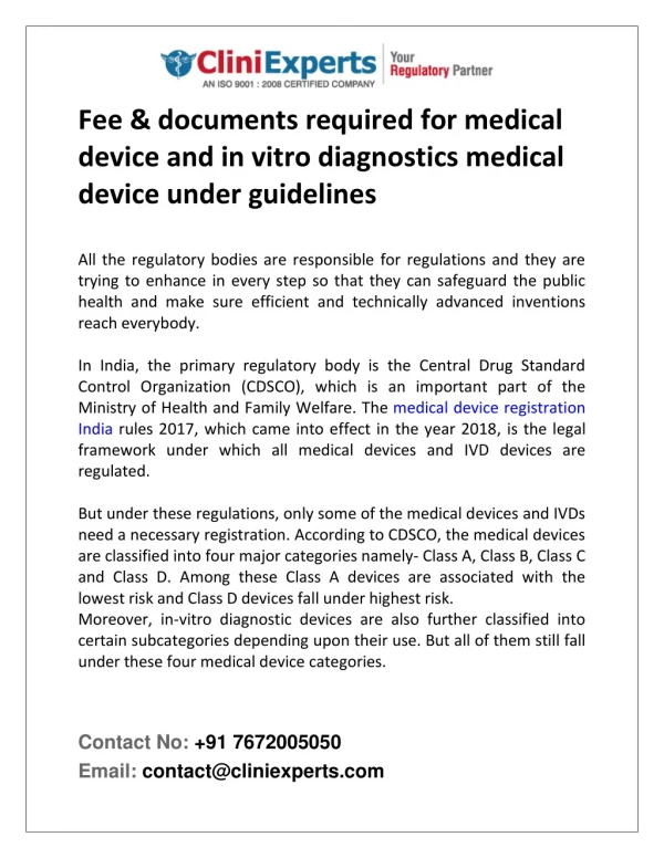 Fee & documents required for medical device and in vitro diagnostics medical device under guidelines