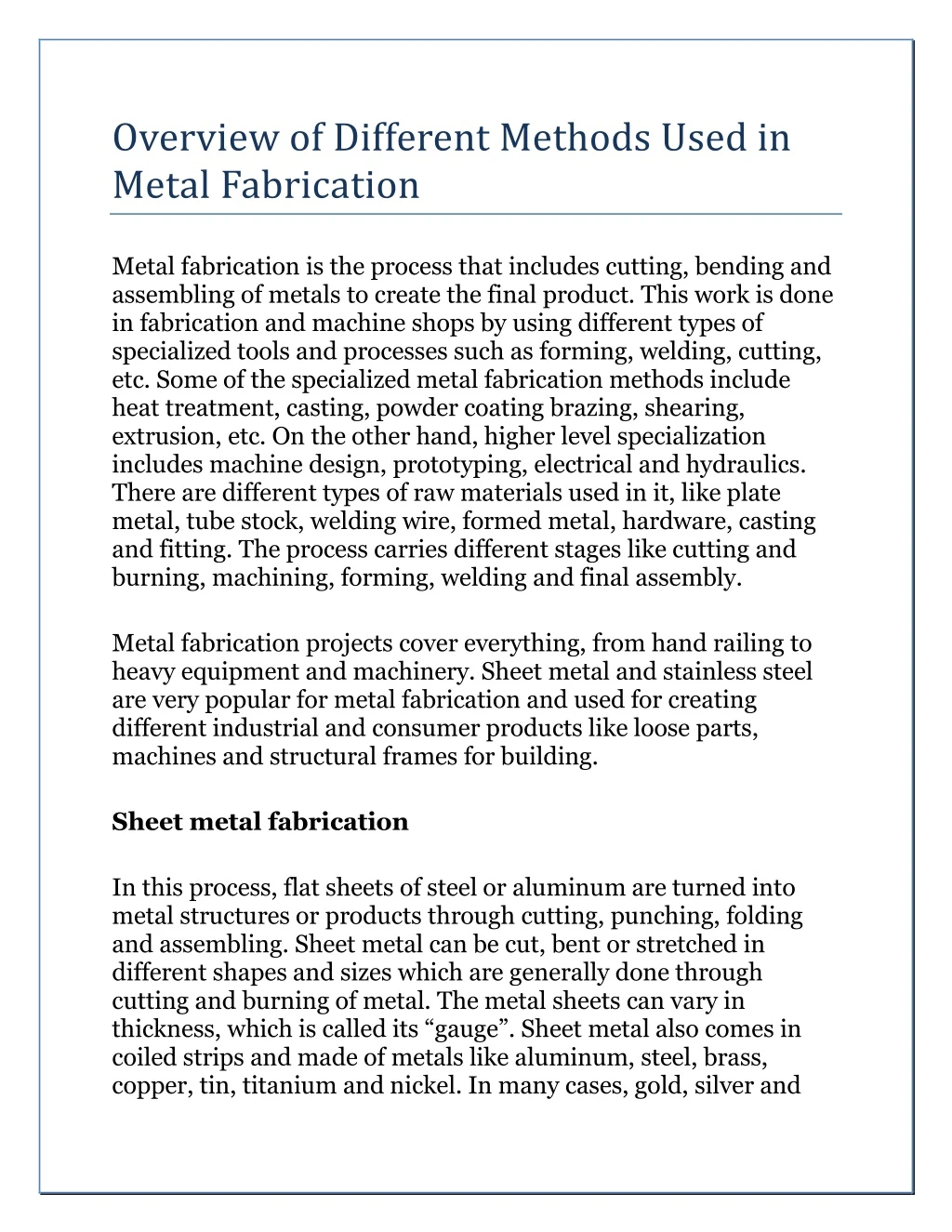 overview of different methods used in metal