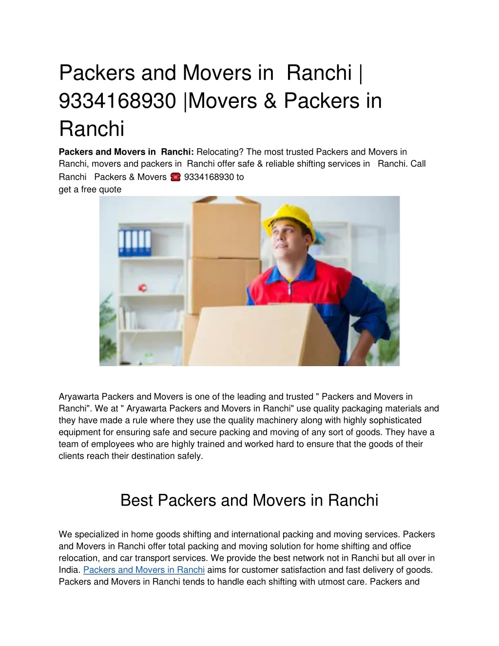 packers and movers in ranchi 9334168930 movers
