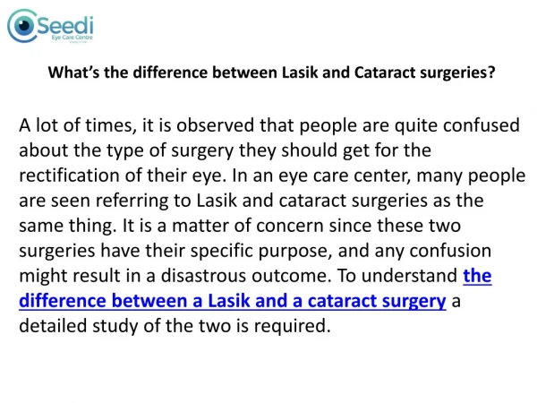 What’s the difference between Lasik and Cataract surgeries? - Seedieye Care Center