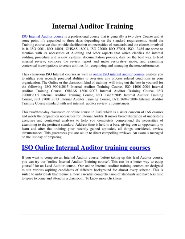 ISO Internal Training Online  | Online ISO internal Auditor Training | ISO Internal Training