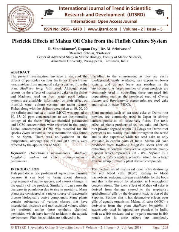 Piscicide Effects of Mahua Oil Cake from the Finfish Culture System