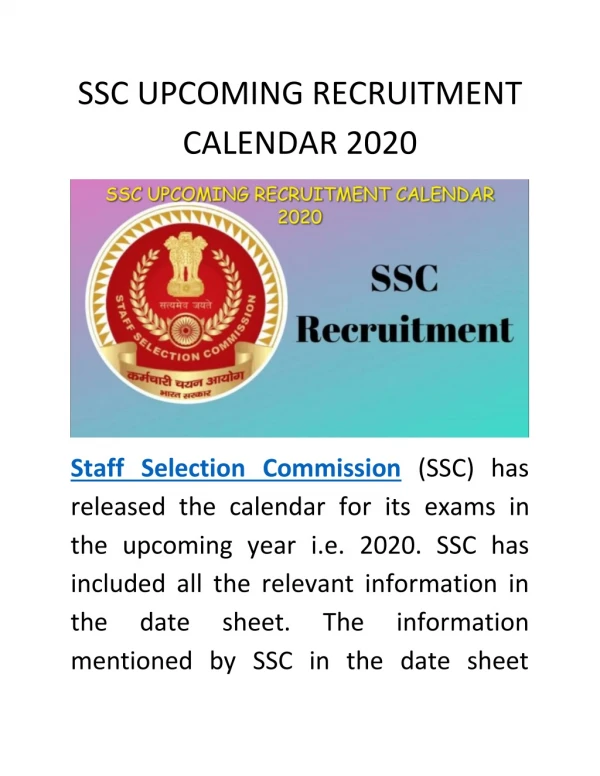 SSC UPCOMING RECRUITMENT CALENDAR 2020