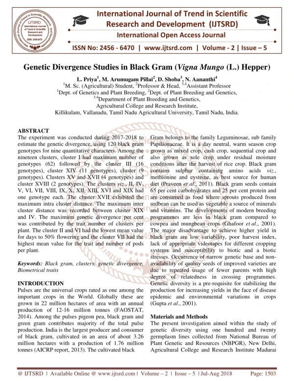 Genetic Divergence Studies in Black Gram Vigna Mungo L. Hepper