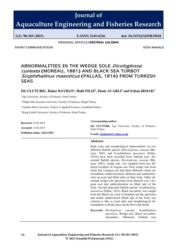 Abnormalities in the wedge sole dicologlossa cuneata and black sea turbot scophthalmus maeoticus from turkish seas