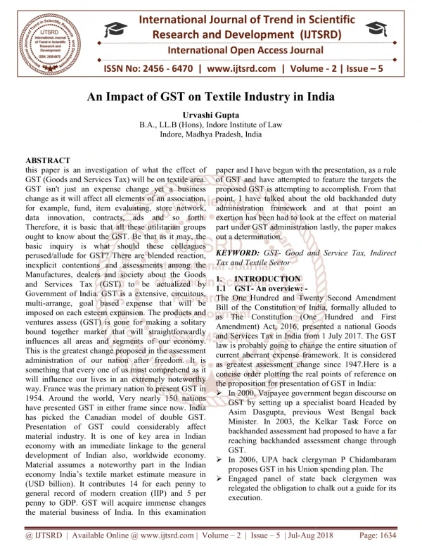 An Impact of GST on Textile Industry in India