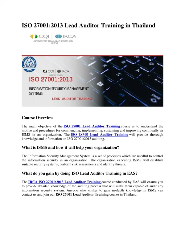 iso 27001 training thailand | isms training thailand | isms lead auditor certification in thailand
