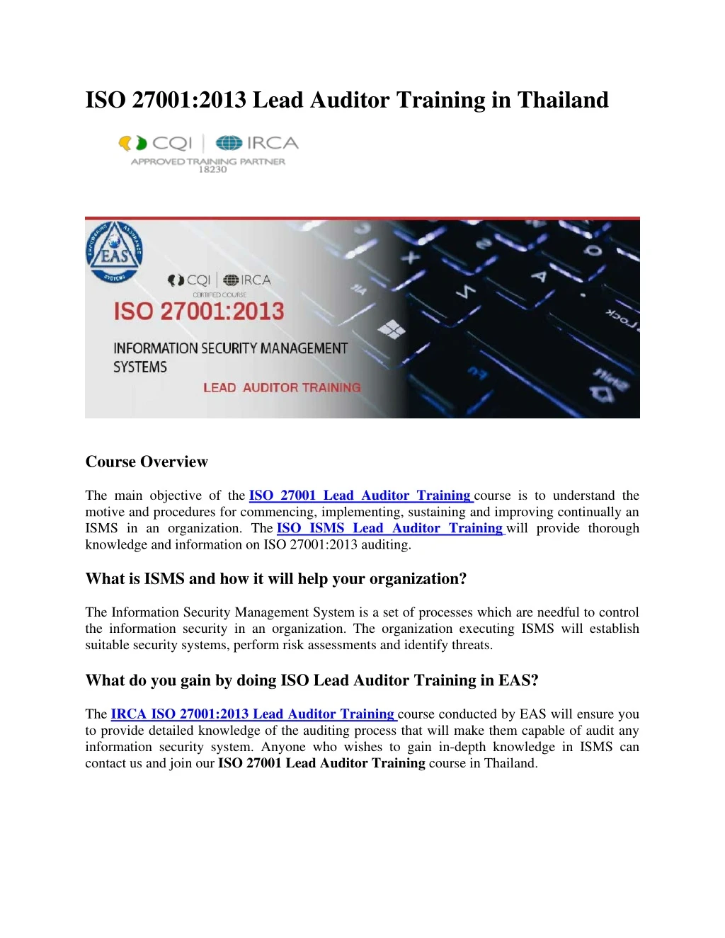 iso 27001 2013 lead auditor training in thailand