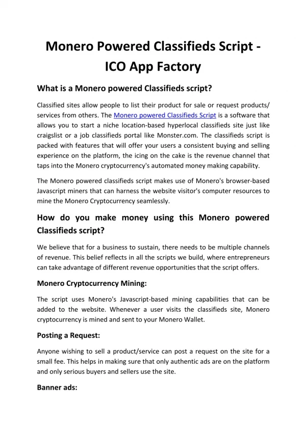 monero powered classifieds script ico app factory