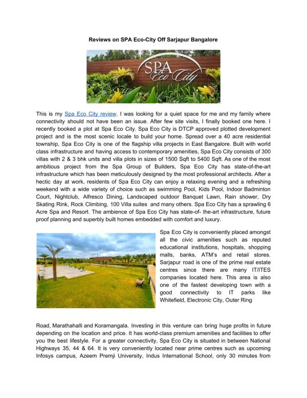 Reviews on SPA Eco-City Off Sarjapur Bangalore