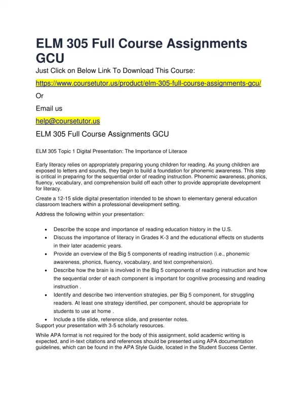 ELM 305 Full Course Assignments GCU