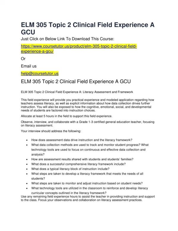 ELM 305 Topic 2 Clinical Field Experience A GCU