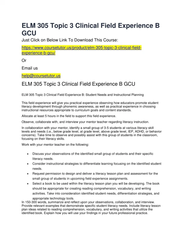 ELM 305 Topic 3 Clinical Field Experience B GCU
