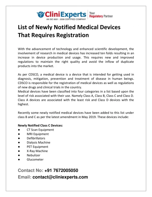 List of Newly Notified Medical Devices That Requires Registration