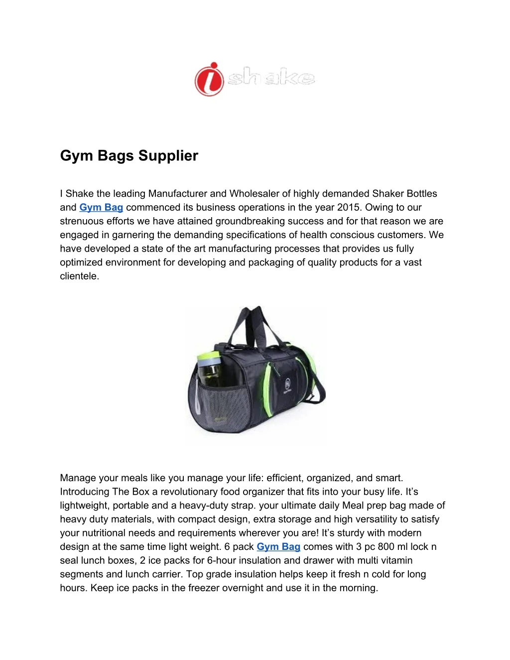 gym bags supplier i shake the leading