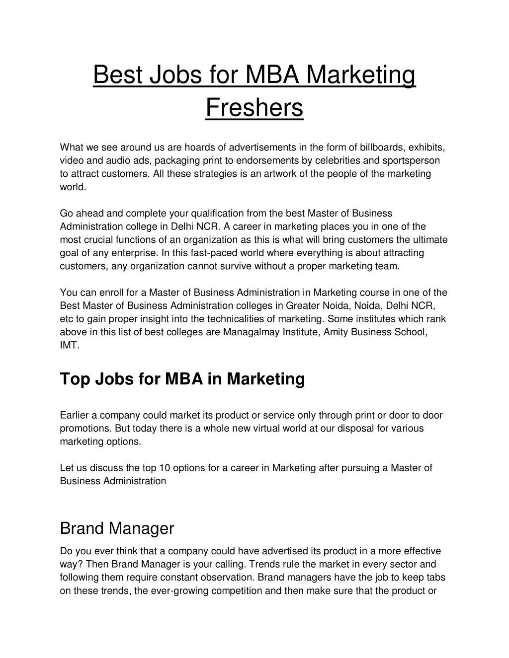 best jobs for mba marketing freshers