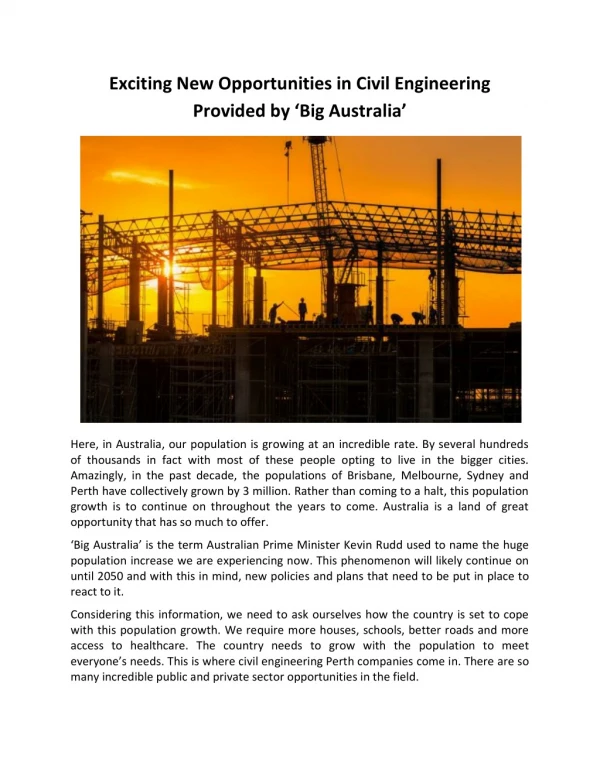 Exciting New Opportunities in Civil Engineering Provided by ‘Big Australia’