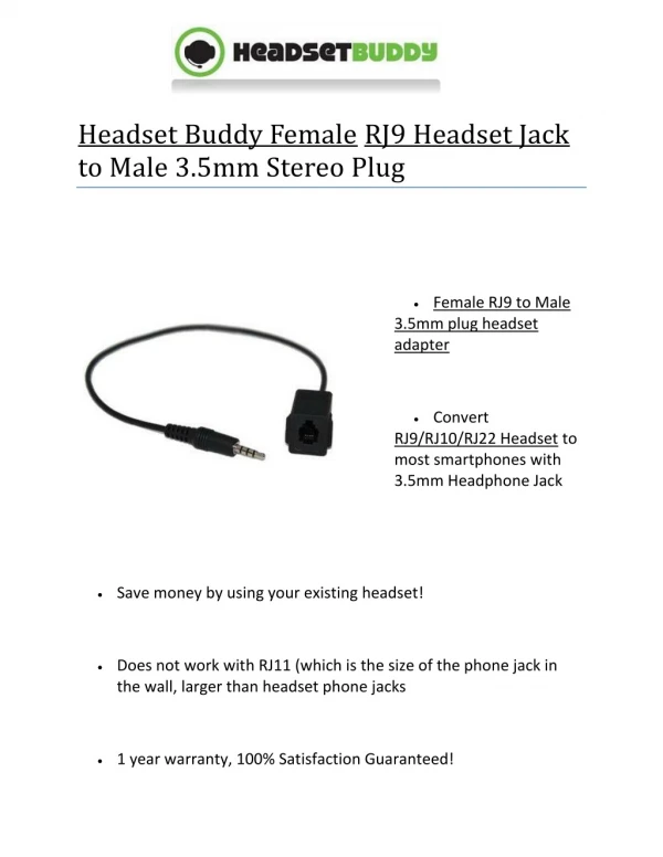 Headset Buddy Female RJ9 Headset Jack to Male 3.5mm Stereo Plug