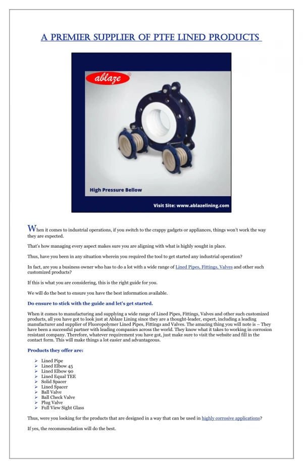 a premier supplier of ptfe lined products