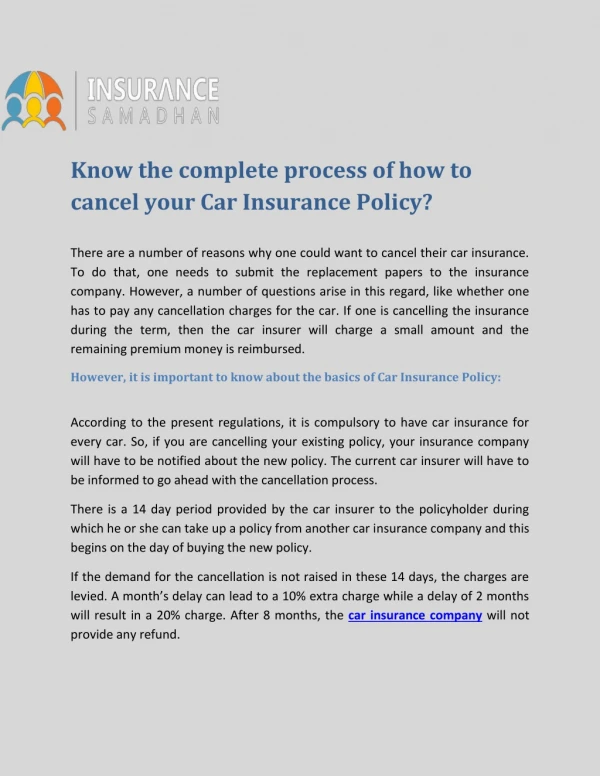 Know the complete process of how to cancel your Car Insurance Policy?