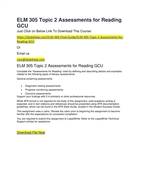 ELM 305 Topic 2 Assessments for Reading GCU