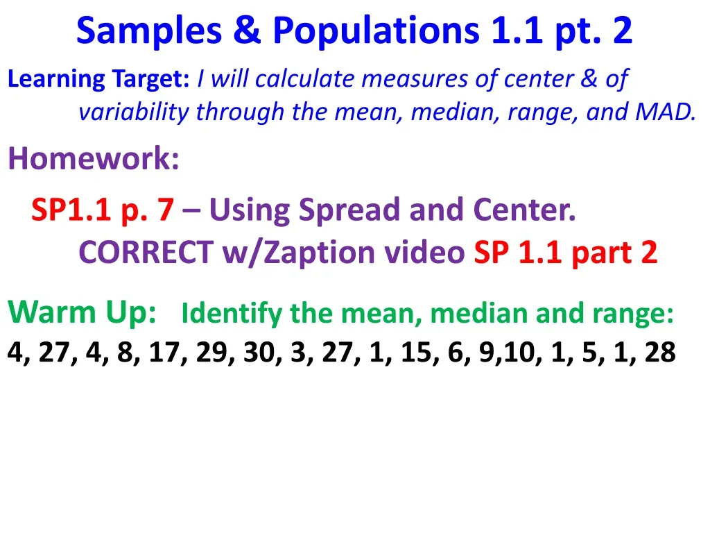 samples populations 1 1 pt 2 learning target
