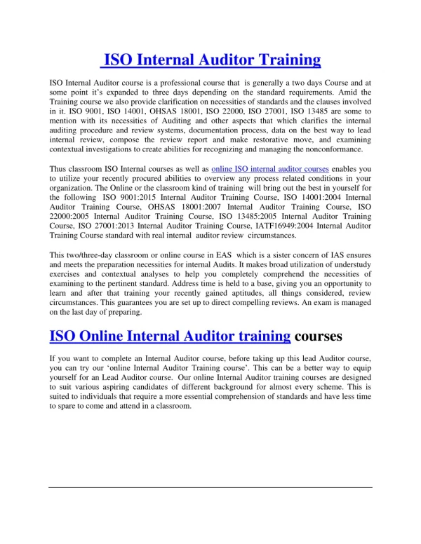 ISO Internal Training  | ISO Internal Training Online  | Online ISO internal Auditor Training