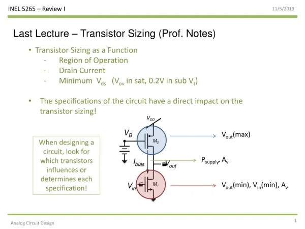 Last Lecture – Transistor Sizing (Prof. Notes)