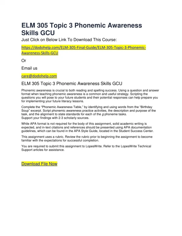 ELM 305 Topic 3 Phonemic Awareness Skills GCU