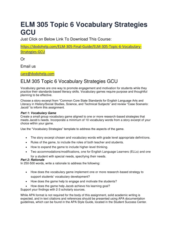 ELM 305 Topic 6 Vocabulary Strategies GCU