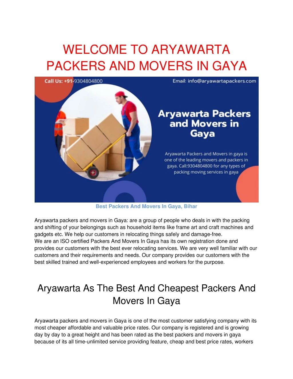 welcome to aryawarta packers and movers in gaya