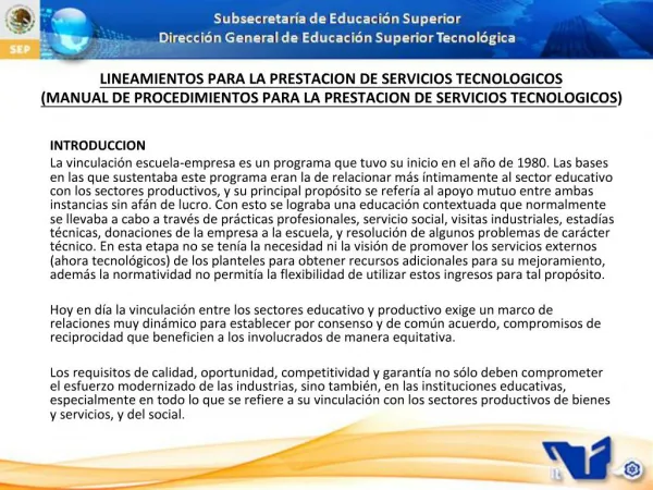 LINEAMIENTOS PARA LA PRESTACION DE SERVICIOS TECNOLOGICOS MANUAL DE PROCEDIMIENTOS PARA LA PRESTACION DE SERVICIOS TECNO