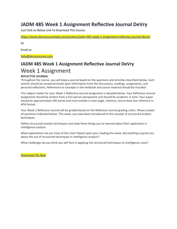 jadm 485 week 1 assignment reflective journal