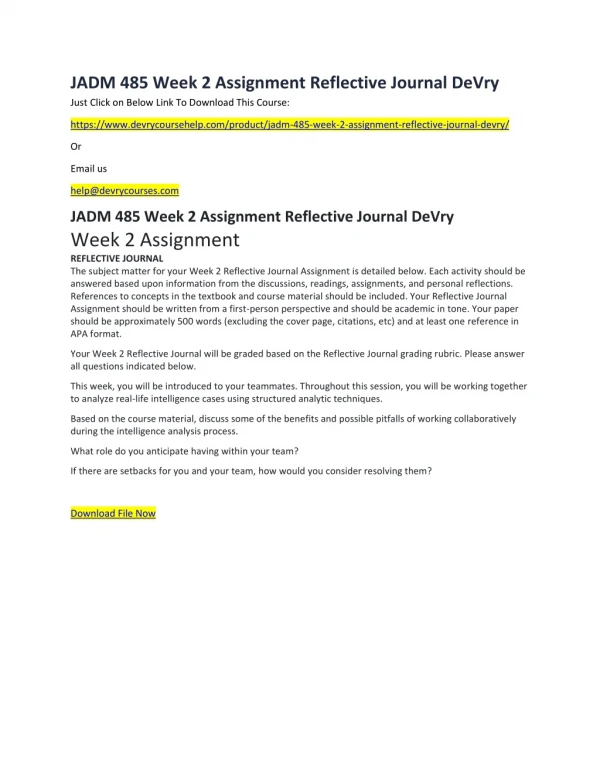 jadm 485 week 2 assignment reflective journal