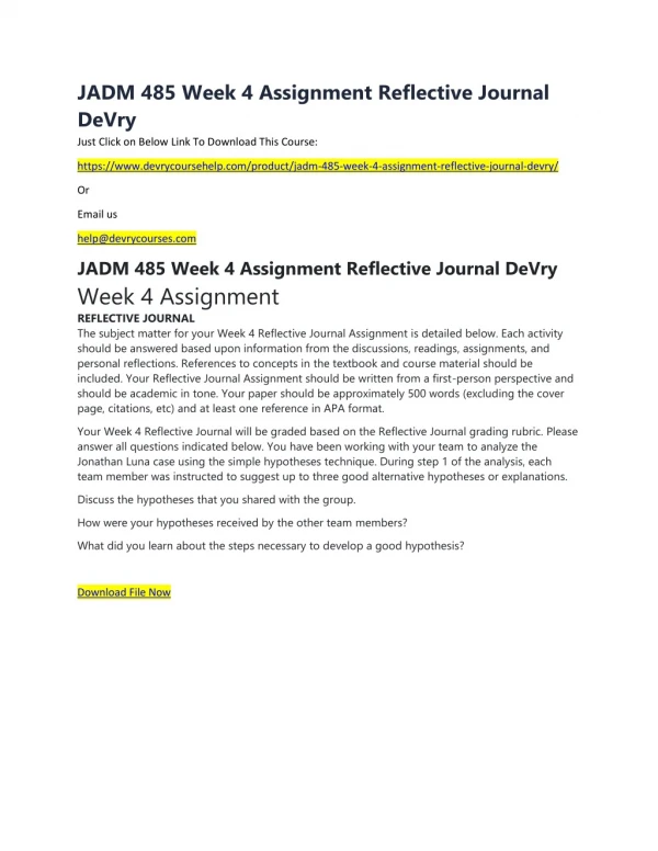 jadm 485 week 4 assignment reflective journal
