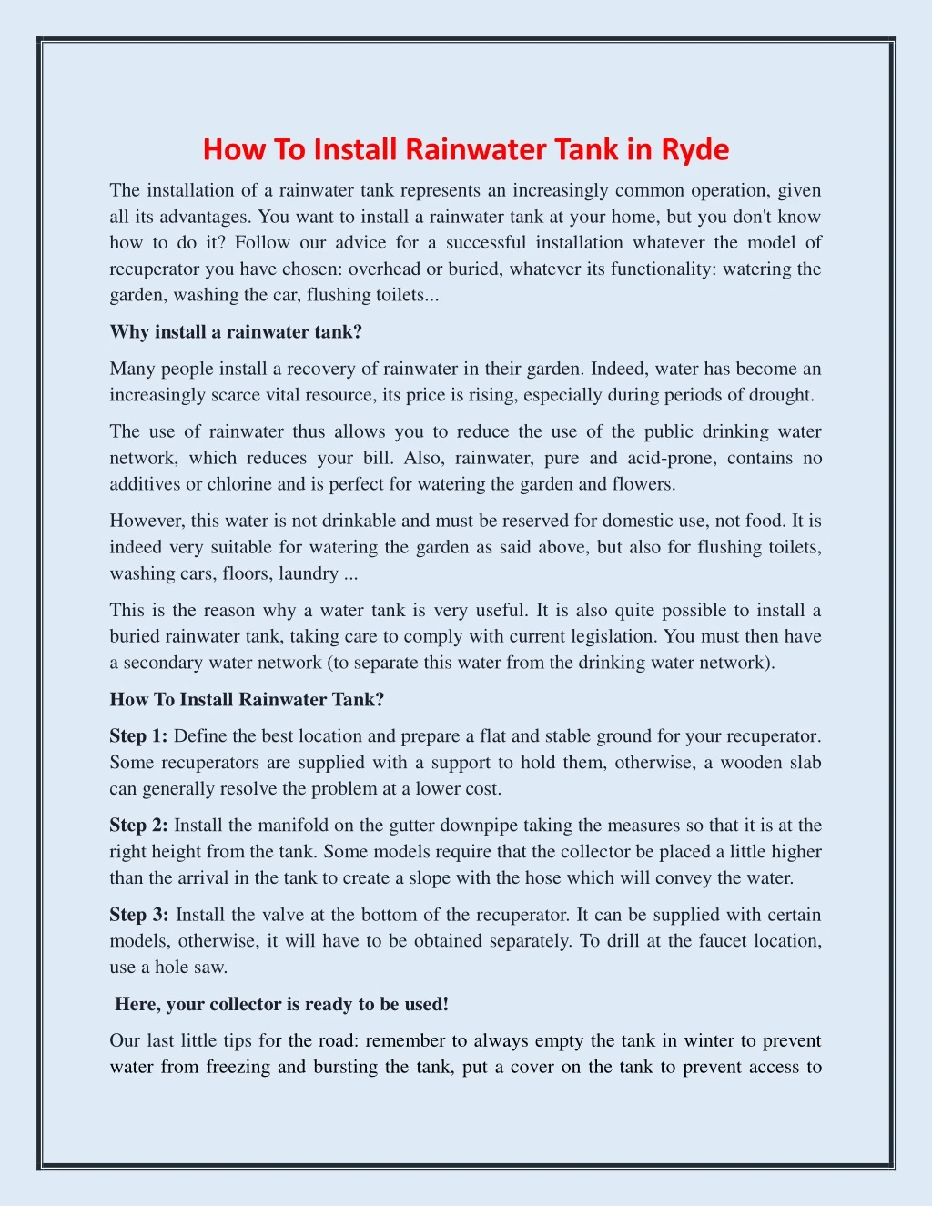 how to install rainwater tank in ryde