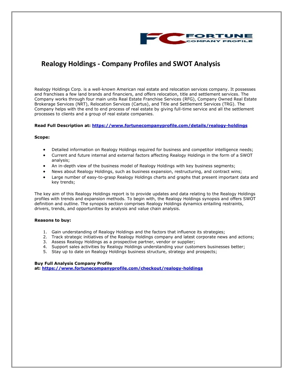 realogy holdings company profiles and swot
