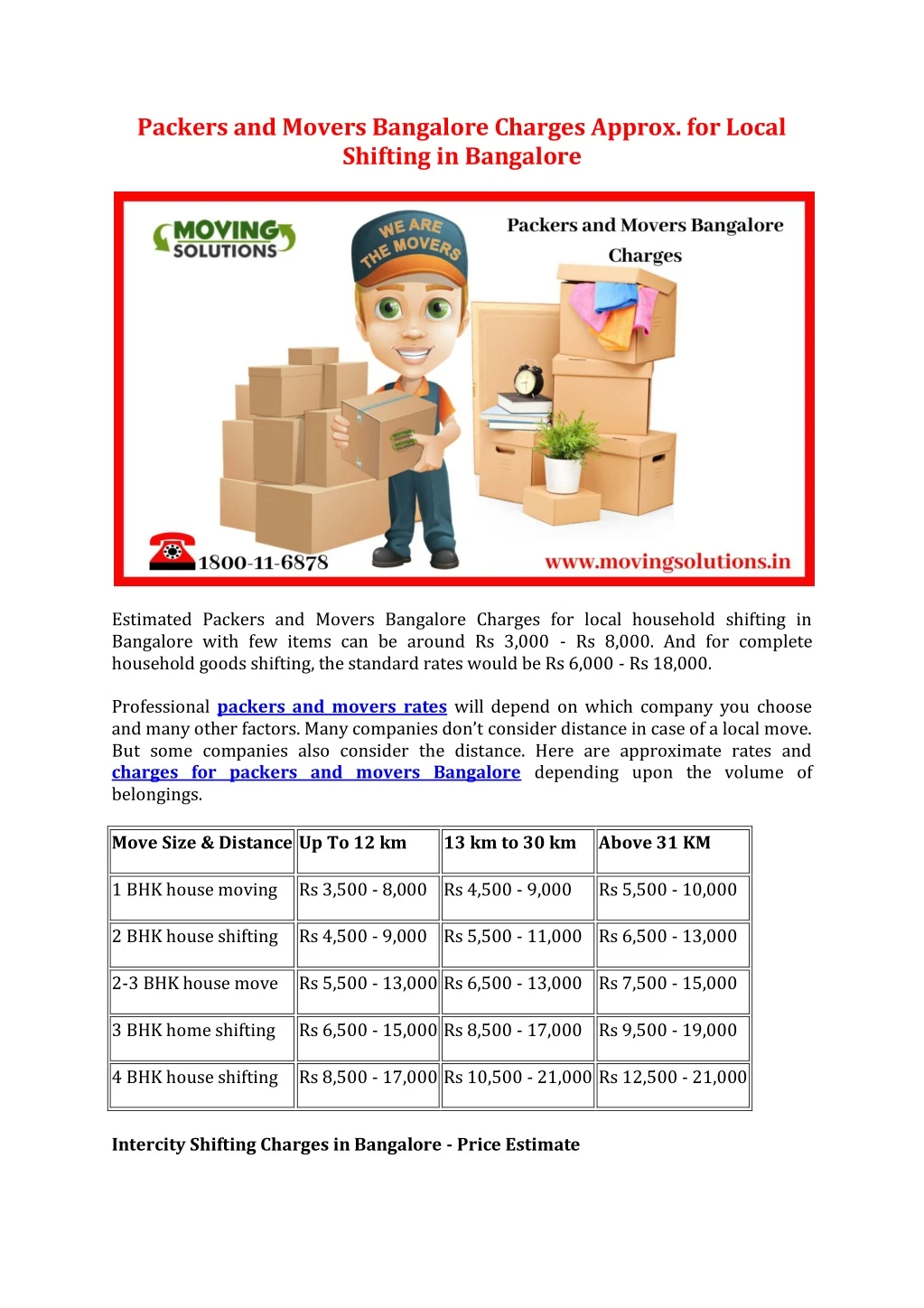 packers and movers bangalore charges approx